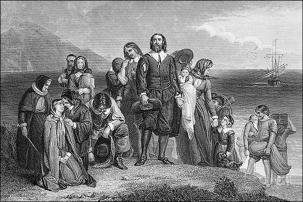 Первые колонисты Америки. 19 ноября 1620 года первые колонисты, впоследствии названные «отцами-паломниками», прибыли на судне «Майфлауэр» в Новую Англию, где основали колонию Плимут. Картина Чарльза Люси.