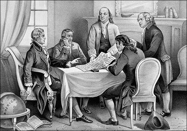 Составление Декларации независимости: Комитет пяти - Бенджамин Франклин, Томас Джефферсон, Джон Адамс, Роберт Ливингстон и Роджер Шерман.